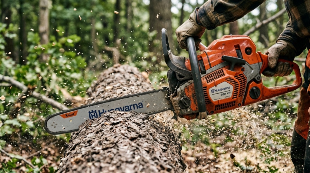 Close-up action shot of a gas chainsaw cutting through a thick log with flying wood chips.