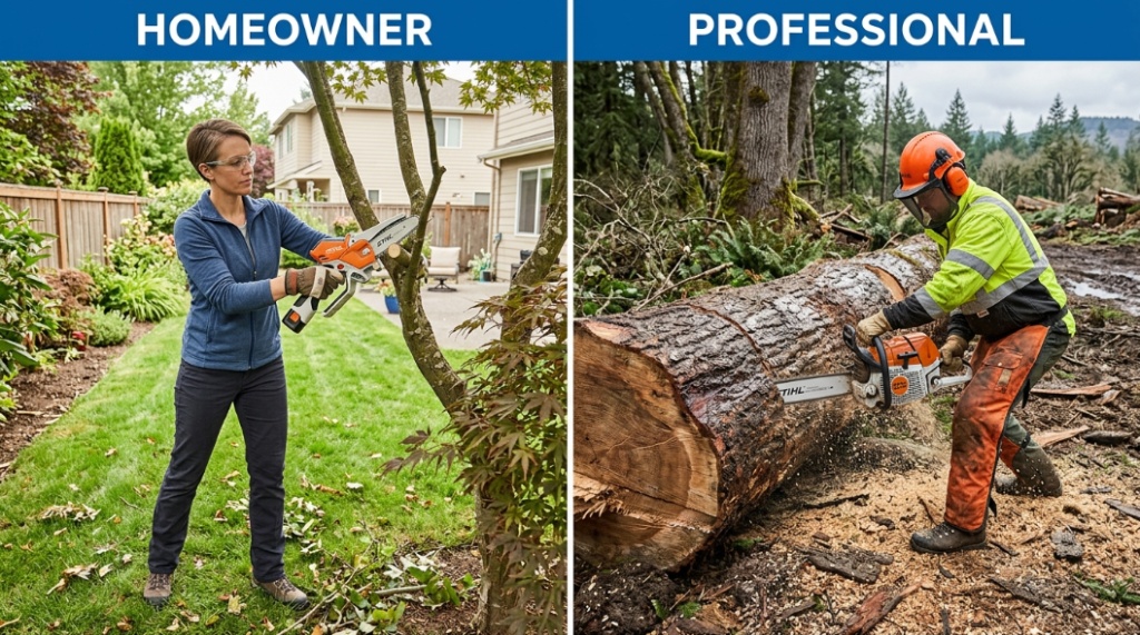 Side-by-side view of a small chainsaw trimming branches and a large chainsaw cutting heavy logs.