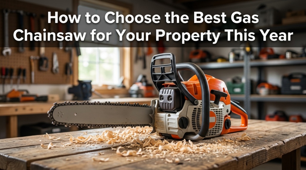 Gas chainsaw on a wooden workbench in a workshop with article title overlay.