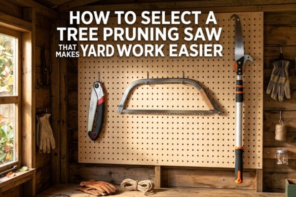 Various types of tree pruning saws hanging neatly on a wooden garden shed pegboard.