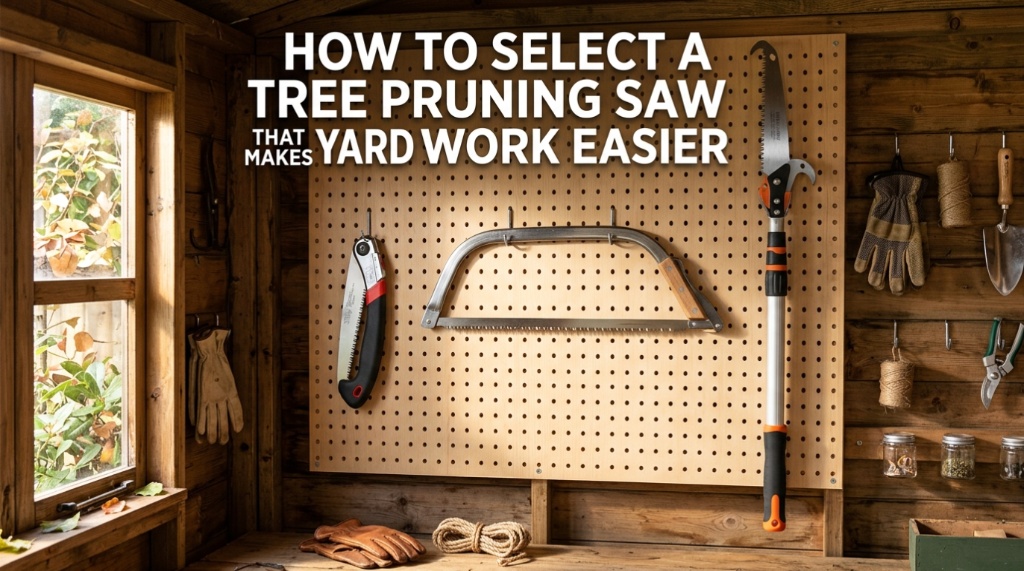Various types of tree pruning saws hanging neatly on a wooden garden shed pegboard.