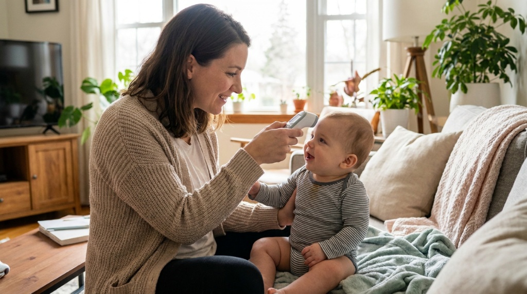 Mother checking her newborn baby temperature with a digital forehead thermometer.