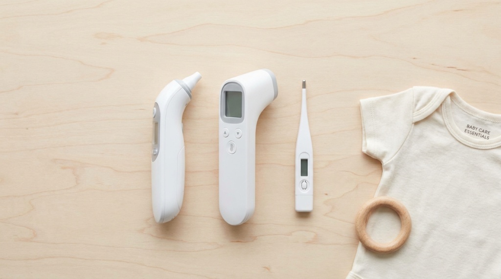 Flat lay arrangement of digital ear, forehead, and underarm thermometers.
