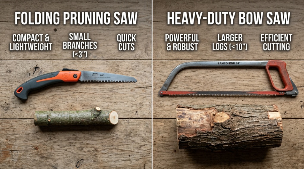Side by side comparison of a compact folding hand saw and a large bow saw.
