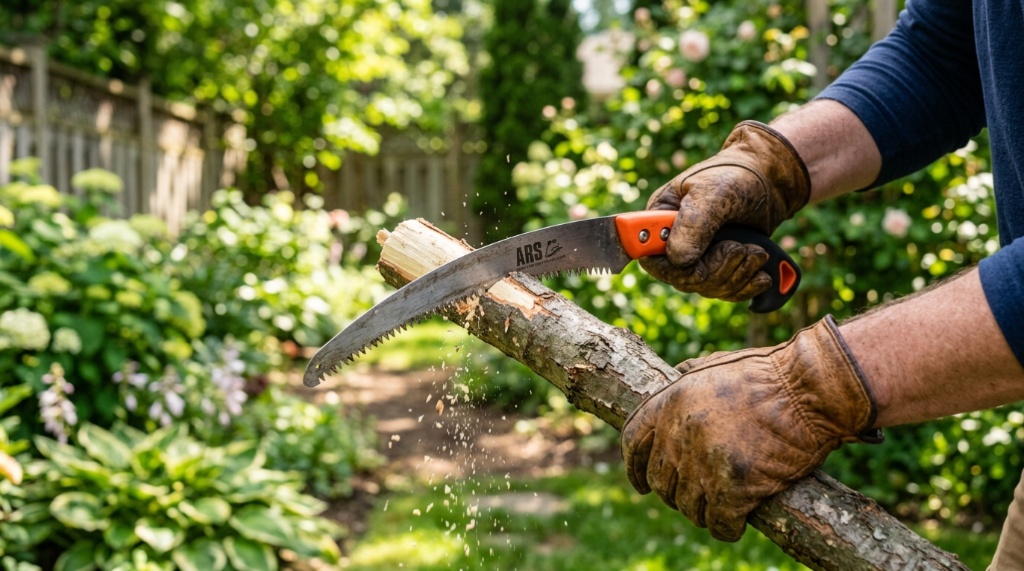 Person wearing leather gloves cuts a tree branch with a curved hand pruning saw.