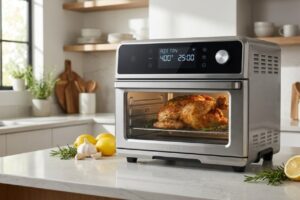 A modern smart air fryer oven roasting a whole golden chicken on a kitchen counter.