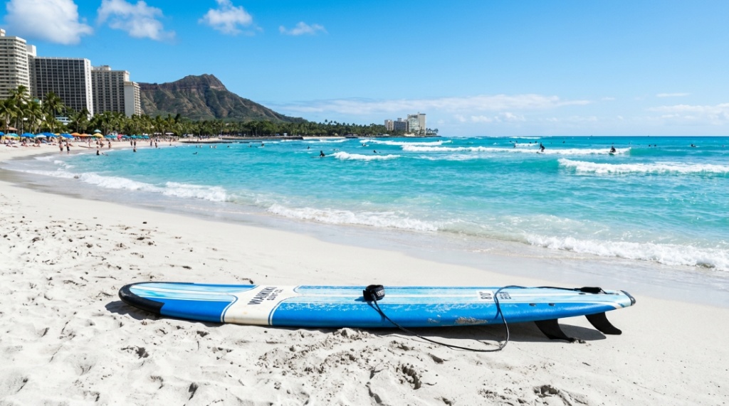 A longboard surfboard on a sunny beach in Waikiki Hawaii with ocean waves.