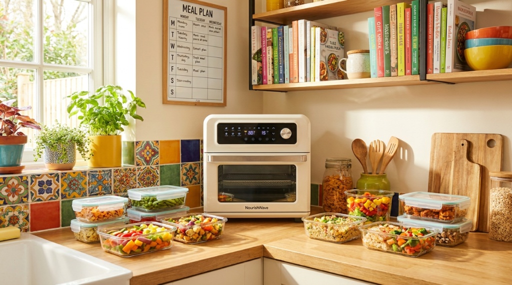 An affordable air fryer oven next to organized meal prep containers in a kitchen.