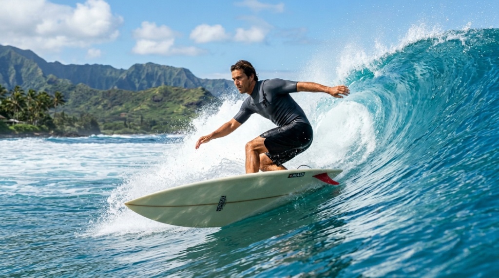 A surfer riding a fish surfboard on a clear blue wave in Maui.