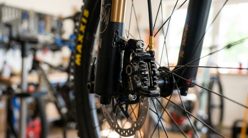 Close up shot of high quality hydraulic disc brakes on a mountain bike wheel.
