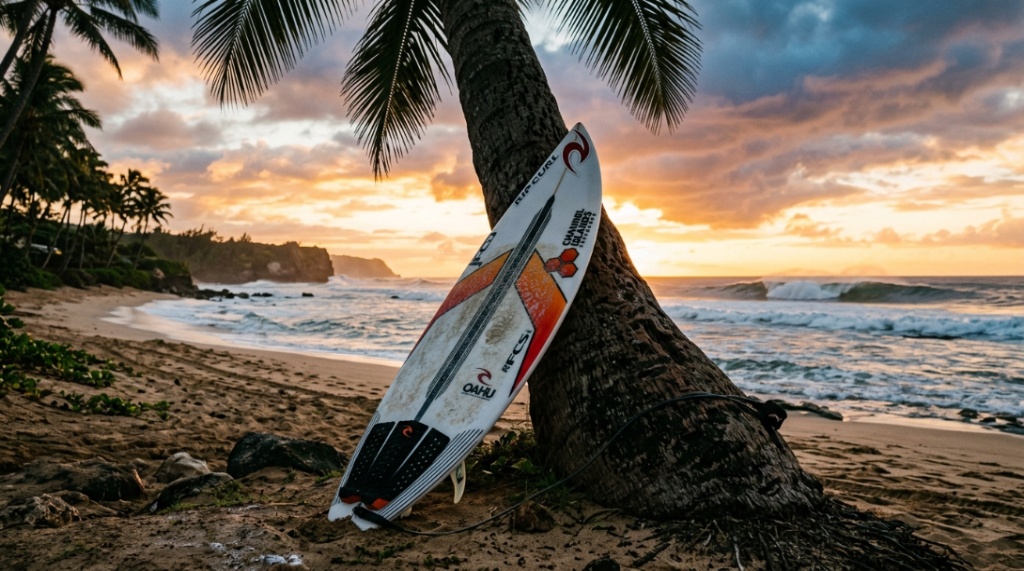 A high performance shortboard surfboard leaning against a palm tree on Oahu North Shore.