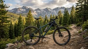 A cyclist riding an affordable mountain bike down a dusty outdoor dirt trail.
