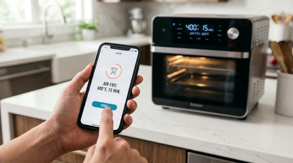 A person using a smartphone app to adjust settings on a digital air fryer.