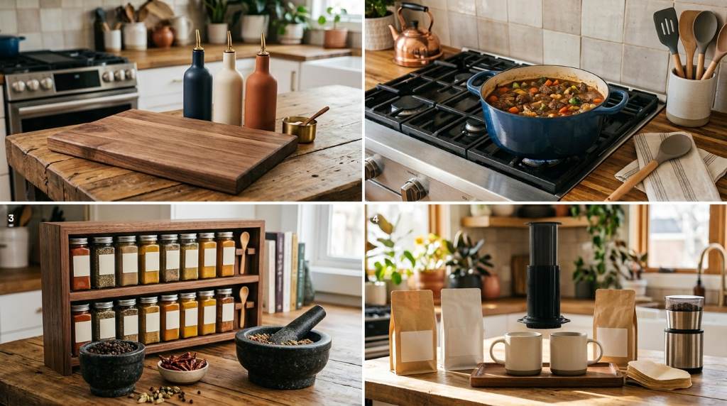 Unique kitchen gift ideas arranged for newlywed couples