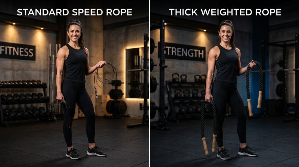 Athlete holding standard and weighted jump ropes in a modern gym.