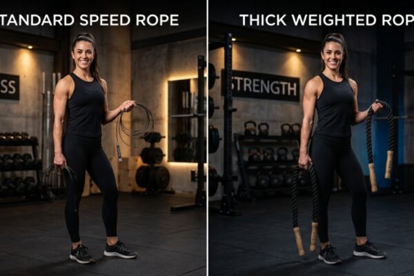 Athlete holding standard and weighted jump ropes in a modern gym.